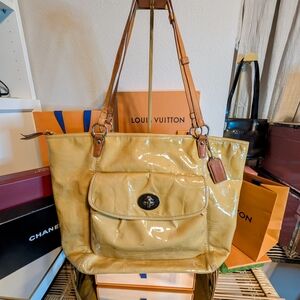 Coach Glossy Yellow Tote with Tan Accents